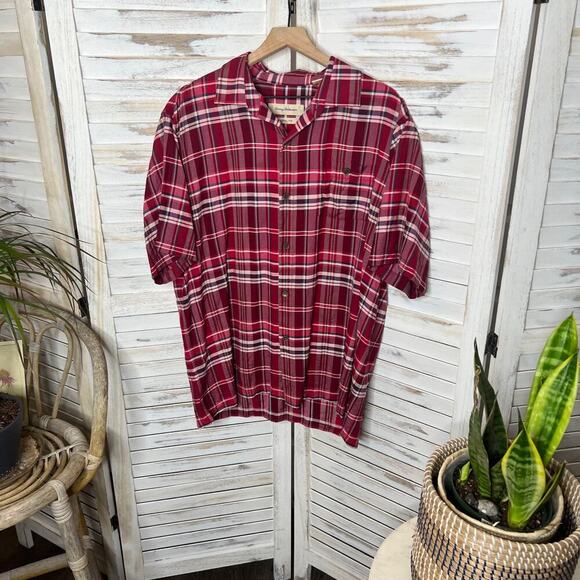 TOMMY BAHAMA Men's L Silk Red Plaid Button Front Casual Shirt Short Sleeve - Picture 4 of 12